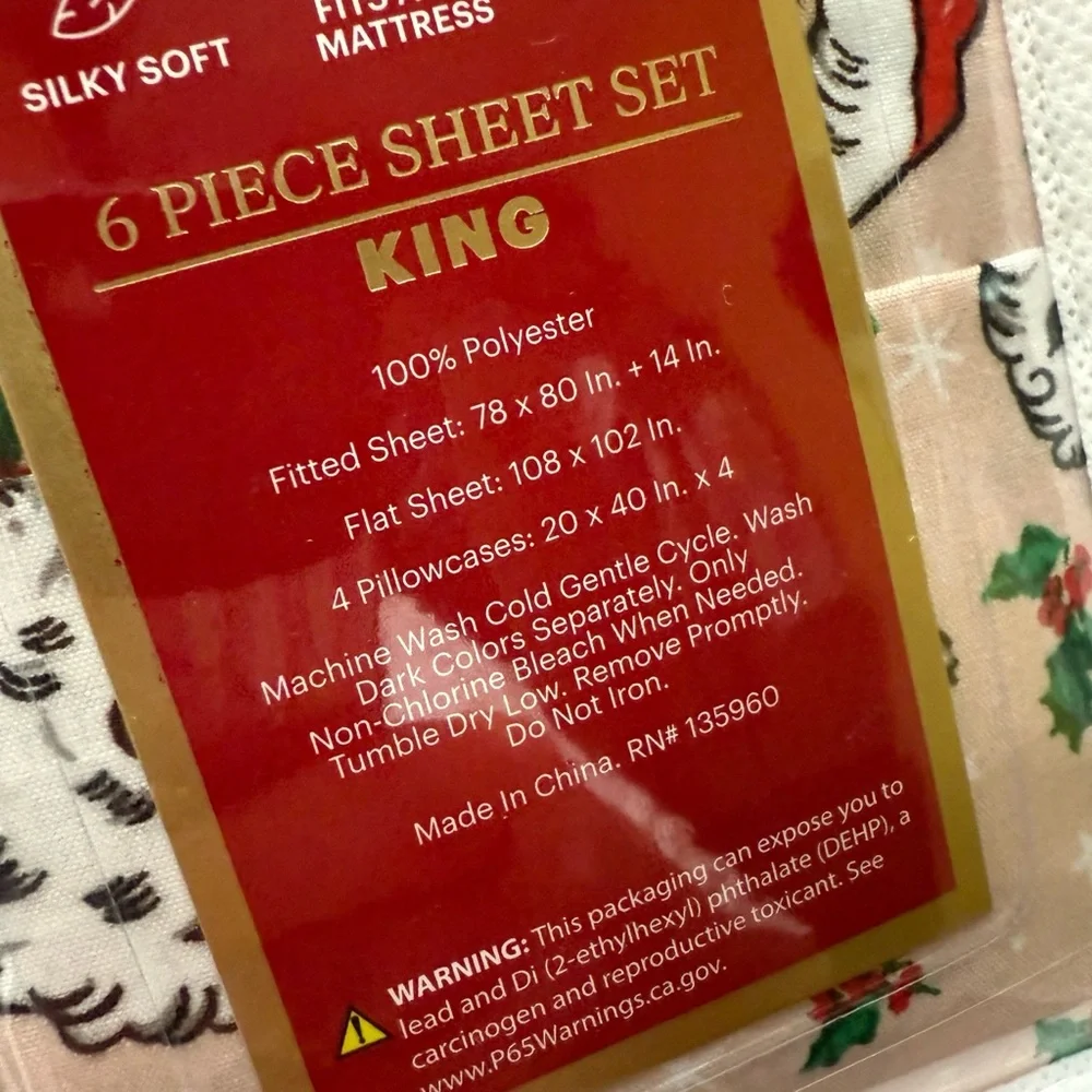 Lenox Vintage Style Santa Claus Face Holly Pink Christmas 6 Piece Sheet Set KING